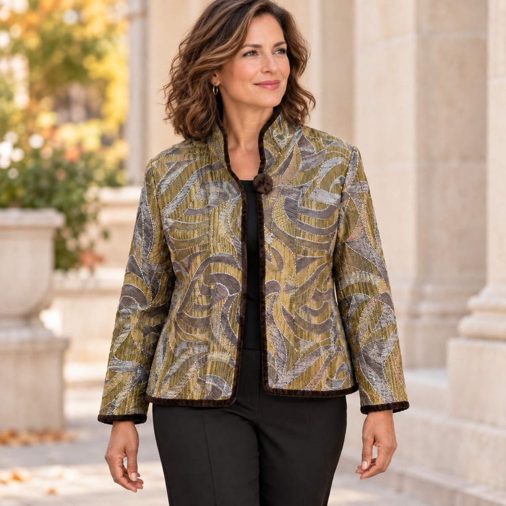 Khangura Reversible Tapestry Jacket Woven Abstract Velvet Trim Green Silver